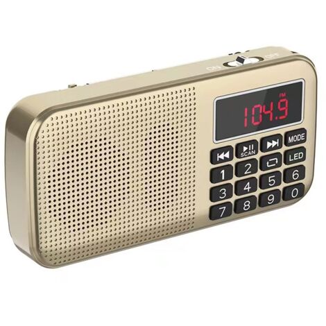 Radio FM portátil con batería recargable de alta capacidad integrada (2400 mAh). Color amarillo.