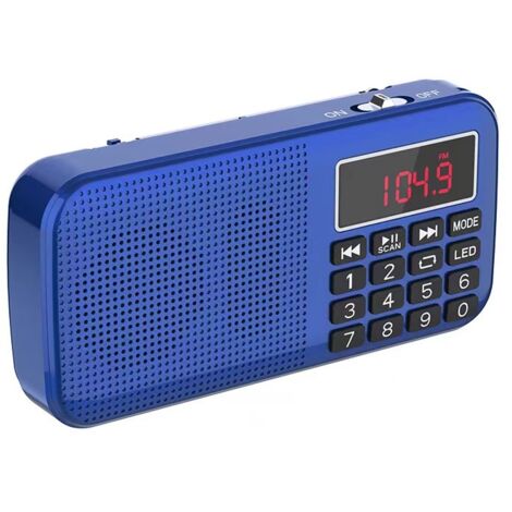 Radio FM portátil con batería recargable de alta capacidad integrada (2400 mAh). Color azul.