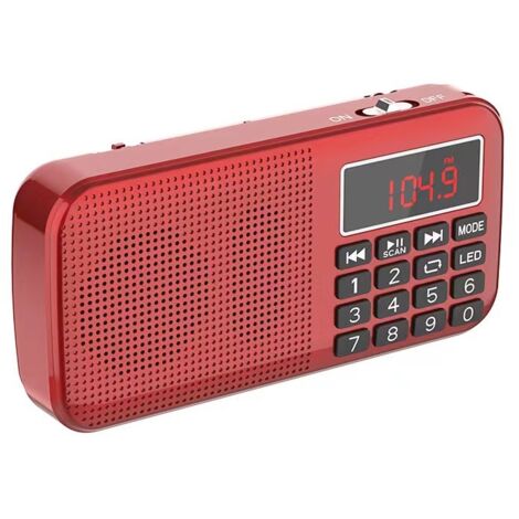 Radio FM portátil con batería recargable de alta capacidad integrada (2400 mAh). Color rojo.