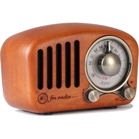 Radio FM retro clásica recargable portátil J-919 de madera, reproductor de MP3 a través de SD, Bluetooth, AUX, con dial de 270° (madera de cerezo)