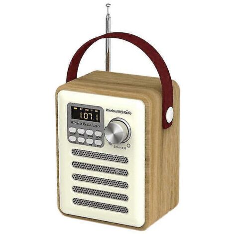 Radio FM rétro en bois avec poignée et fonction haut-parleur Bluetooth, marron
