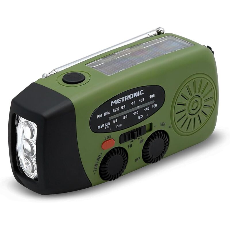 Radio FM Solaire Portable Chargement 2000mAh Dynamo - Poste avec Bouton SOS Urgence - Fonction Torche Eclairage LED - Verte et Noire - 477216