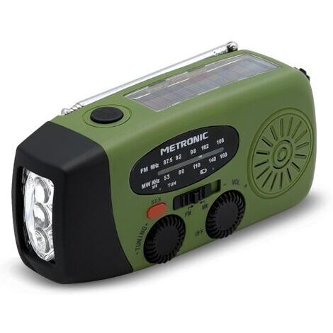 Radio FM Solaire Portable Chargement 2000mAh Dynamo - Poste avec Bouton SOS Urgence - Fonction Torche Eclairage LED - Verte et Noire - 477216