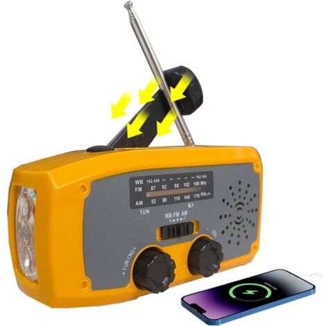 Radio météo AM/FM, batterie 5000 mAh, manivelle, lampe torche LED, alarme SOS, idéale pour le camping et les tempêtes.