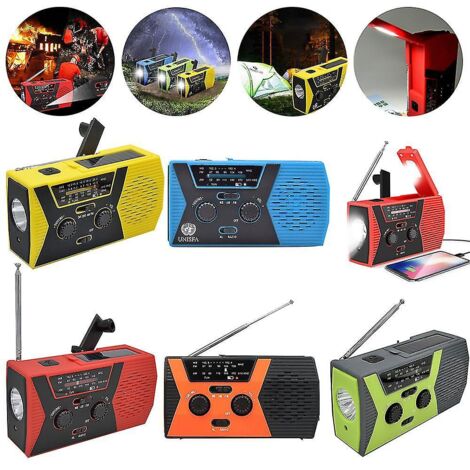 Radio météo solaire à manivelle avec lampe torche, chargeur, lampe de lecture et batterie externe de 4000 mAh