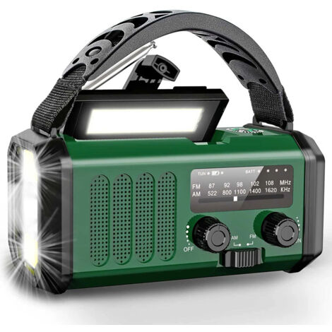 Radio météo solaire d'urgence à manivelle, avec lampe torche LED et fonction AM/FM solaire.