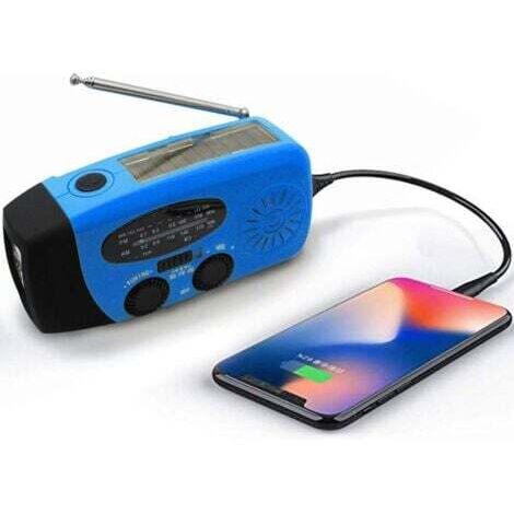 Radio météo solaire d'urgence, kit anti-sismique, manivelle, auto-alimentée, AM/FM/WB, radio de survie à manivelle, lampe torche LED, batterie externe 2000 mAh pour iPhone et smartphones (bleu)