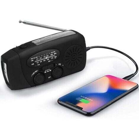 Radio météo solaire d'urgence, kit anti-sismique, manivelle, auto-alimentée, AM/FM/WB, radio de survie à manivelle, lampe torche LED, batterie externe 2000 mAh pour iPhone et smartphones (noir)