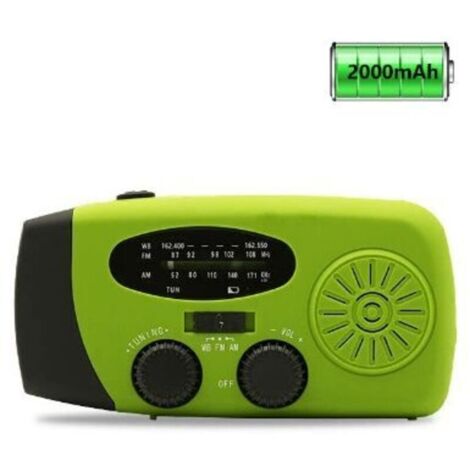 Radio météo solaire d'urgence, kit anti-sismique, manivelle, auto-alimentée, AM/FM/WB, radio de survie à manivelle, lampe torche LED, batterie externe 2000 mAh pour iPhone et smartphones (vert)