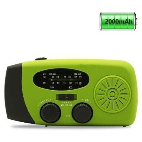 Radio météo solaire d'urgence. kit anti-sismique. manivelle. auto-alimentée. AM/FM/WB. radio de survie à manivelle. lampe torche LED. batterie externe 2000 mAh pour iPhone et smartphones (vert)