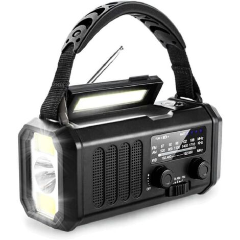 Radio meteorológica de emergencia universal de 20.000 mAh con manivela, alimentación solar, AM/FM, linterna y carga USB (negra)