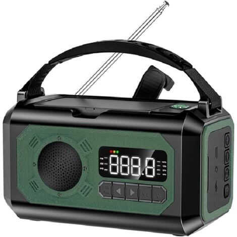 Radio meteorológica portátil de emergencia de 12000 mAh, solar y con manivela, con linterna y luz LED de lectura para acampar (verde oscuro)