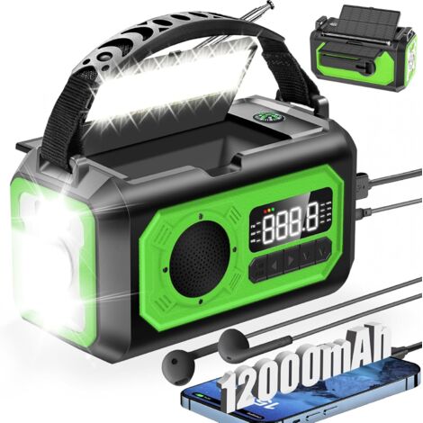 Radio meteorológica portátil de emergencia, radio solar de manivela, alarma SOS, 3 modos de luz, batería externa de 12000 mAh, brújula, color verde