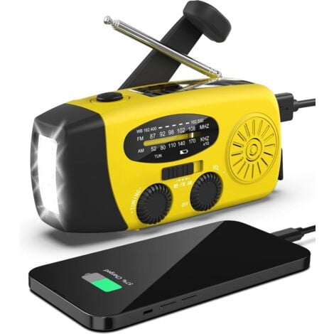 Radio meteorológica solar de emergencia, kit antisísmico, con manivela, autoalimentada, AM/FM/WB, linterna LED, batería externa de 2000 mAh para iPhone y smartphones (amarilla)