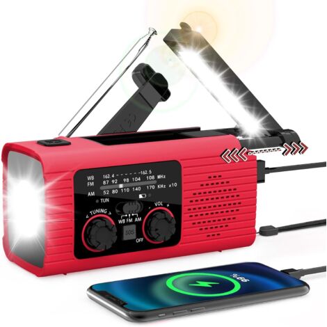 Radio météorologique d'urgence, 4000mAh NOAA Radio d'alerte météorologique Charge solaire, manivelle à main et USB chargé, AM / FM avec lampe de poche LED, lampe de lecture, alarme SOS, jack casque po