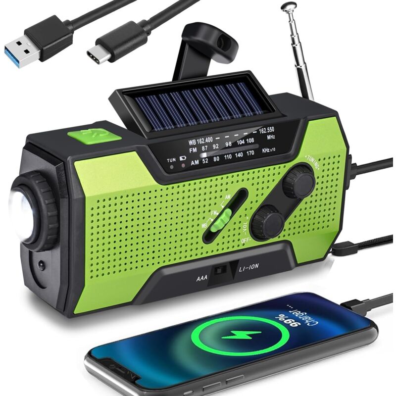 Radio multifonction de prévention des catastrophes, lumière LED, chargement à manivelle, chargement solaire, compatible avec batterie, chargement
