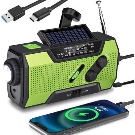 Radio multifunzione per la prevenzione dei disastri, luce LED, ricarica a manovella, ricarica solare, compatibile con batterie, ricarica USB, ricarica per smartphone, 2000 mAh, allarme SOS A