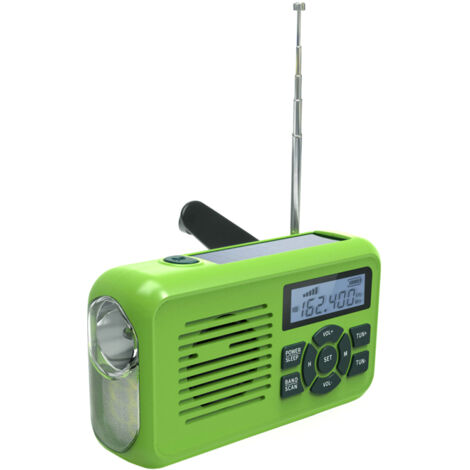 Radio numérique multifonctionnelle FM/AM, météo WB, lampe torche, chargeur téléphone, projecteur LED, sirène, clignotant, dynamo, réveil, solaire, minuterie, manivelle d'urgence