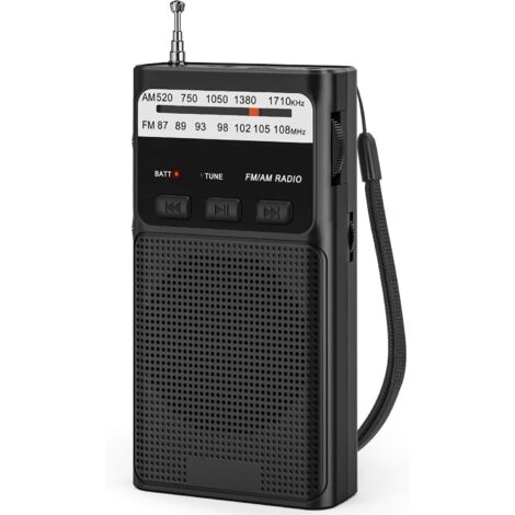 Radio Pequeña, Radio Am/FM, Radio Bolsillo con Clip Trasero, Radio Portátil con Batería Recargable Incorporada, Radio con Ranura Tarjeta TF, Toma de Auriculares de 3,5MM y Función de Luz（Negro）