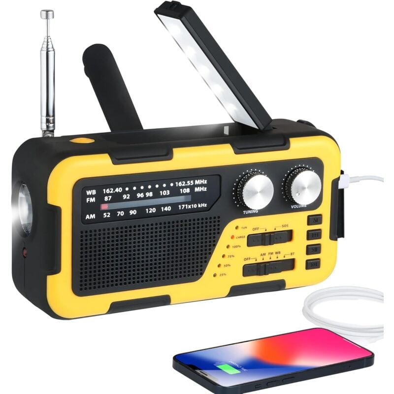 Radio portable 2000mAh, fréquences am/fm/wb Manivelle, radio solaire, sos, avec torche led et lampe de lecture, batterie externe rechargeable, pour
