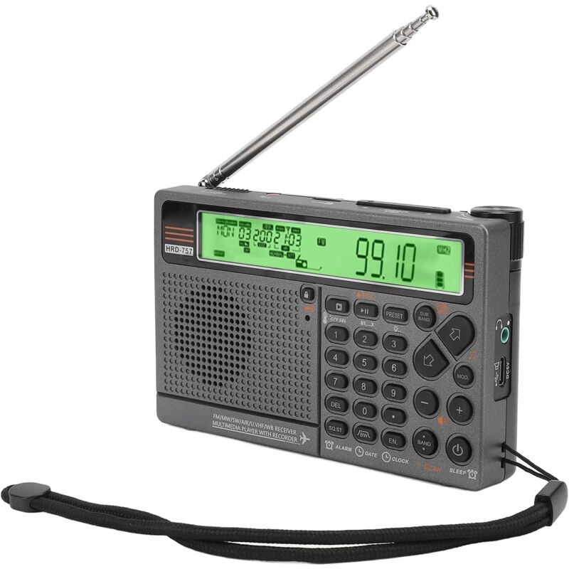 Radio Portable à Ondes Courtes, HRD-757 SW FM MW AIR V.UHF WB Radio Multibande Alimentée par Batterie, Radio Portable Rechargeable 2500 MAh avec