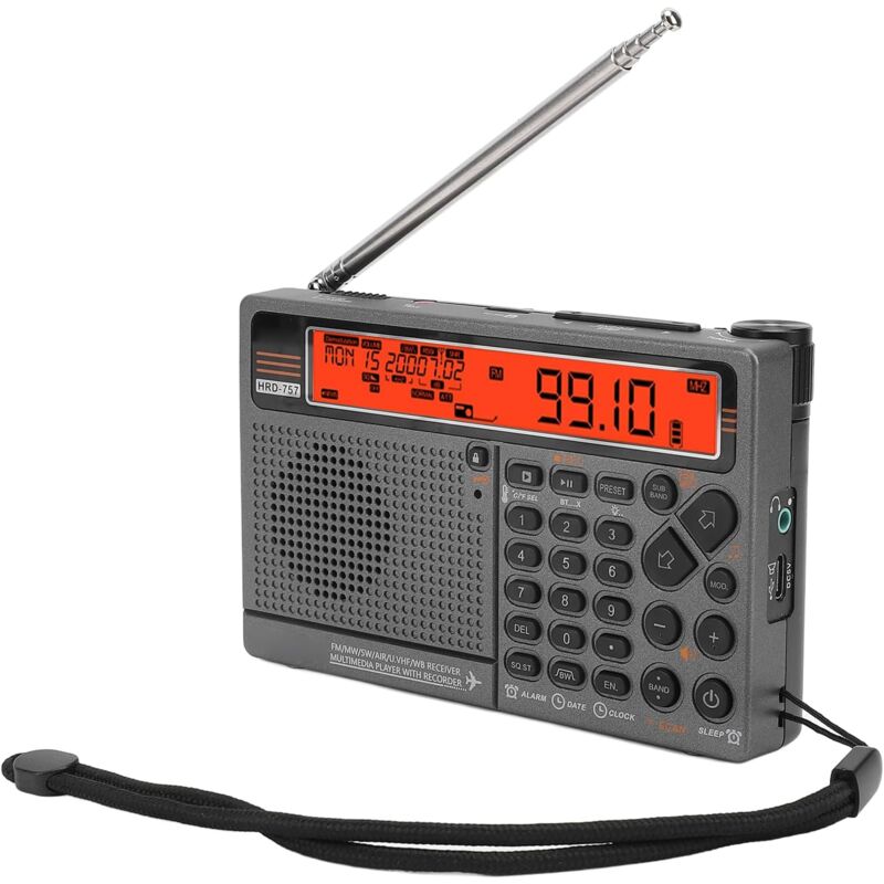 Radio Portable à Ondes Courtes, HRD-757 SW FM MW AIR V.UHF WB Radio Multibande Alimentée par Batterie, Radio Portable Rechargeable 2500 MAh avec