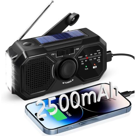 Radio Portable, AM/FM Manivelle Radio Solaire, Portative Radio à Pile avec 2500mAh Power Bank/SOS Alarm/Lampe Poch/3W Haut-parleurs, Ourdoor, Emergency
