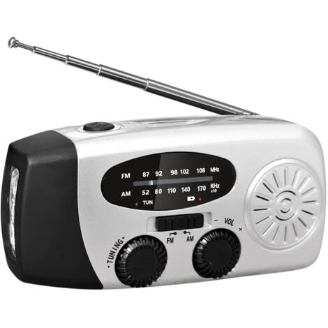 Radio portable AM/FM/NOAA à énergie solaire avec 3 lampes torches LED intégrées et un chargeur de téléphone portable. Argent.