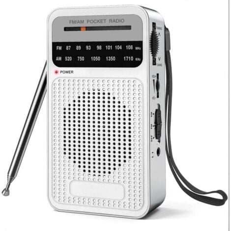 SNQ Radio portable AM/FM, transistor avec haut-parleur puissant, prise casque, 2 piles AA pour une réception longue portée, radio de poche pour l'intérieur, l'extérieur et les urgences - Argent