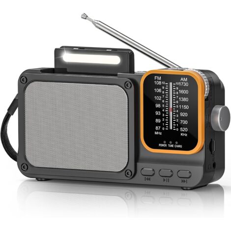 Radio Portable, AM(MW)/FM Radio a Pile, Transistor Radio avec Rechargeable Batterie 2400mAh, Excellente Réception, Excellente Qualité Sonore, avec Bluetooth/Lampe de Lecture/TF
