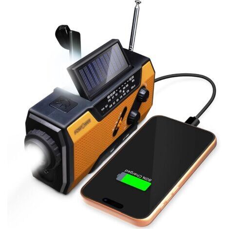 Radio Portable d'urgence Météo avec Batterie de 2.000mAh Batterie Rechargeable par Panneau Solaire, Manivelle, Piles ou USB AM/FM, Lampe Torche LED, SOS Recharge Votre Téléphone