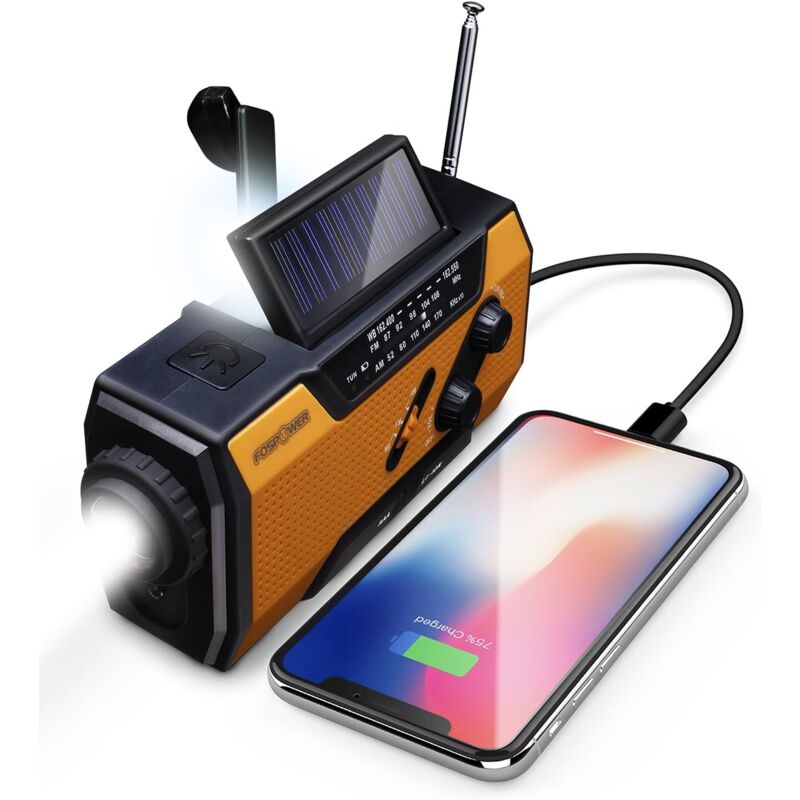Radio Portable d'urgence Météo avec Batterie de 2.000mAh Batterie Rechargeable par Panneau Solaire, Manivelle, Piles ou USB AM/FM, Lampe Torche LED,