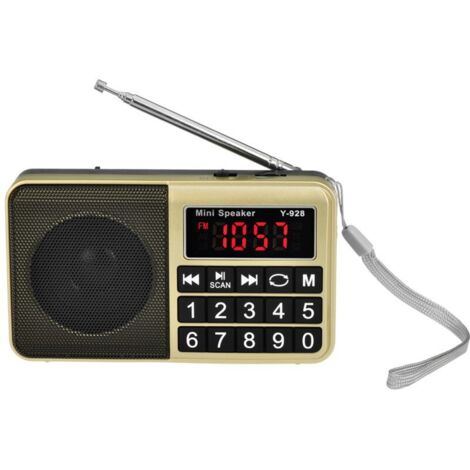 Radio portable FM/AM (MW)/SW/USB/Micro-SD/MP3, stations de diffusion avec gros boutons et grand écran, radio portable rechargeable 800 mAh (doré)