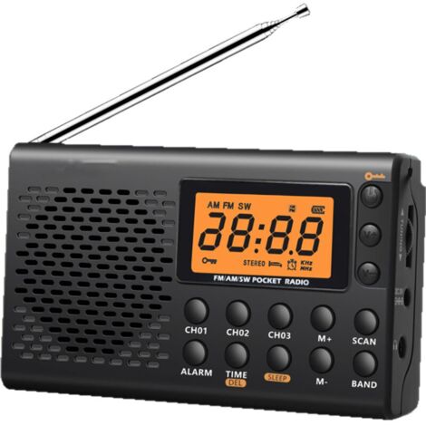 Radio Portable FM/AM/SW avec Horloge Alarme, Léger 120g, Écran LCD Grand Numérique