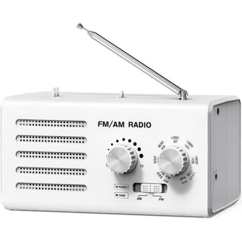 Radio Portable FM/AM - Transistor à Bouton Extra Large, Haut-Parleur Puissant et Prise USB pour Recharge, Blanc