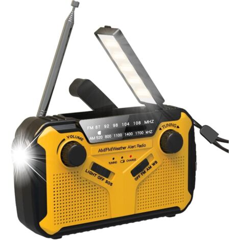 Radio Portable FM/AM(MW)/ WBA,Manivelle/Pile et Secteur/Solar Poste Radio Transistor,Météo Radio Appareil d'urgence avec LED Lampe de Poche et Chargeur de Téléphone,Excellente Réception/Haut-Parleur