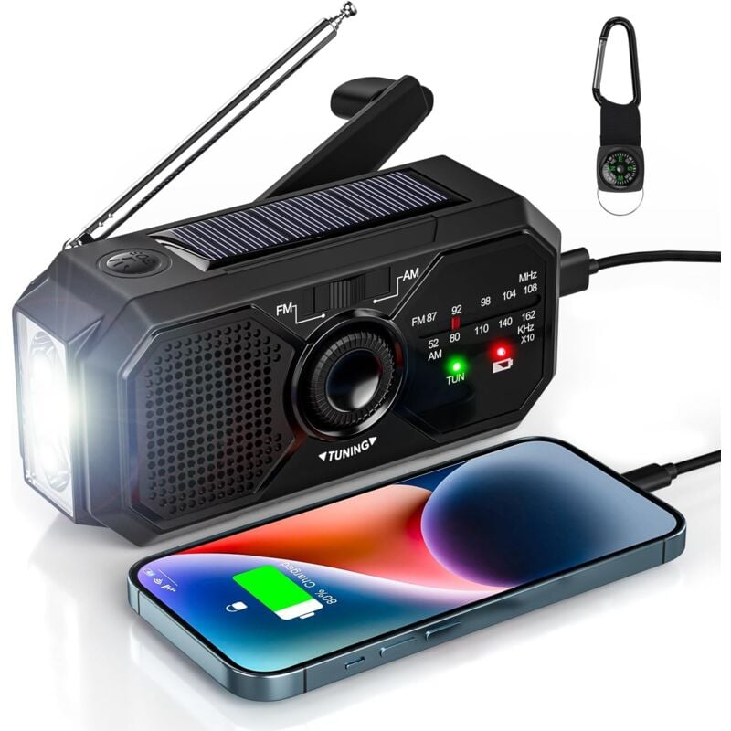 Radio Portable Manivelle Radio Solaire Survie AM/FM Petit Dynamo USB-C 2500mAh Rechargeable avec Lampe de Poche LED Alarme SOS Boussole pour Urgence