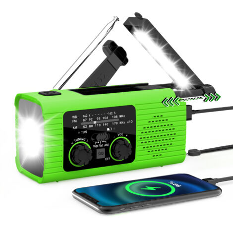 Radio portable – Radio d'urgence solaire à manivelle – Multifonction – Batterie 2000 mAh – Lampe torche – Verte – ABS