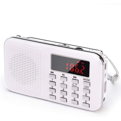 Radio portable, radio FM AM, alimentée par batterie et secteur, MP3, haut-parleur, compatible carte TF/USB, lampe de poche, applicable (blanc)