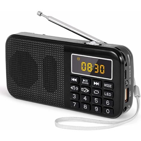 Radio Portable, Radio FM avec Batterie Rechargeable de Grande Capacité (3000mAh), Prise en Charge MP3 / SD/USB/AUX,Noir