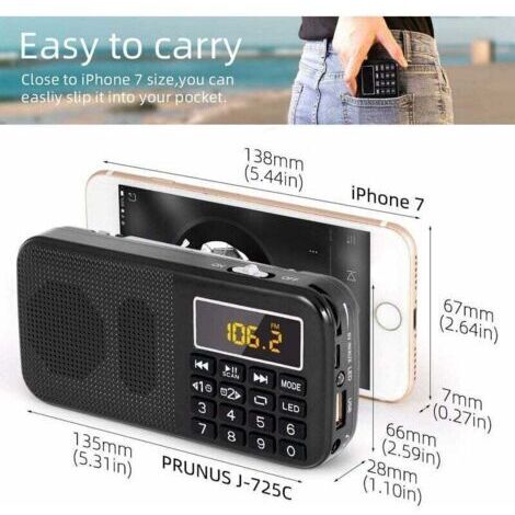 Radio Portable, Radio FM avec Batterie Rechargeable de Grande Capacité (3000mAh), Prise en Charge MP3 / SD/USB/AUX,Noir
