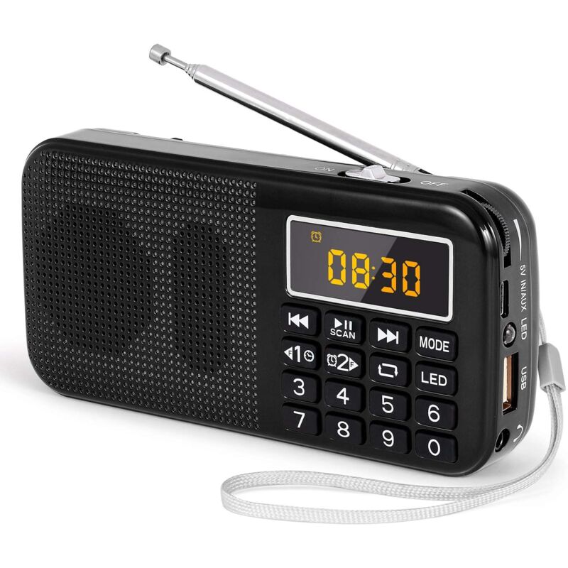 Radio Portable, Radio fm avec Batterie Rechargeable de Grande Capacité (3000mAh), Prise en Charge MP3 / SD/USB/AUX,Noir