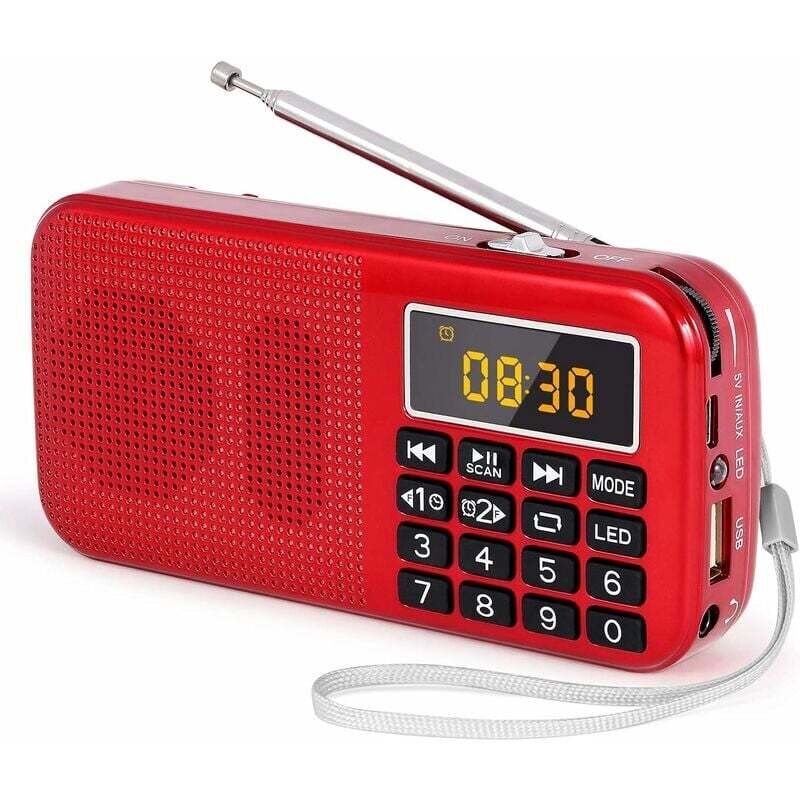 Radio Portable, Radio FM avec Batterie Rechargeable de Grande Capacité (3000mAh), Prise en Charge MP3 / SD/USB/AUX,Rouge