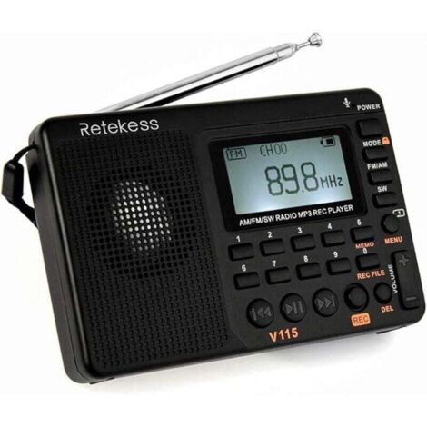 Radio portable rechargeable noir - Écoute musique/info - Salle de bain/cuisine - TF/MP3/enregistreur/réveil - Ménages