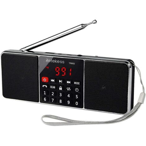 Radio portable rechargeable noire AM/FM stéréo Bluetooth avec haut-parleur MP3 sans fil, entrée AUX, compatible carte TF et clé USB, minuterie de mise en veille