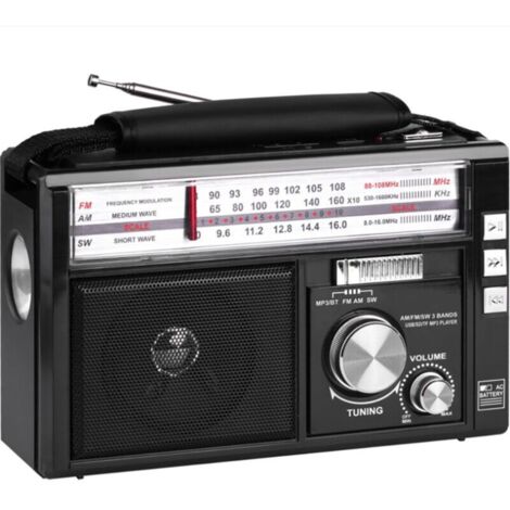 Radio portable rétro multi-bandes: Bluetooth, lecture TF/USB, lampe torche, recharge AC/DC, FM/AM/SW,noir