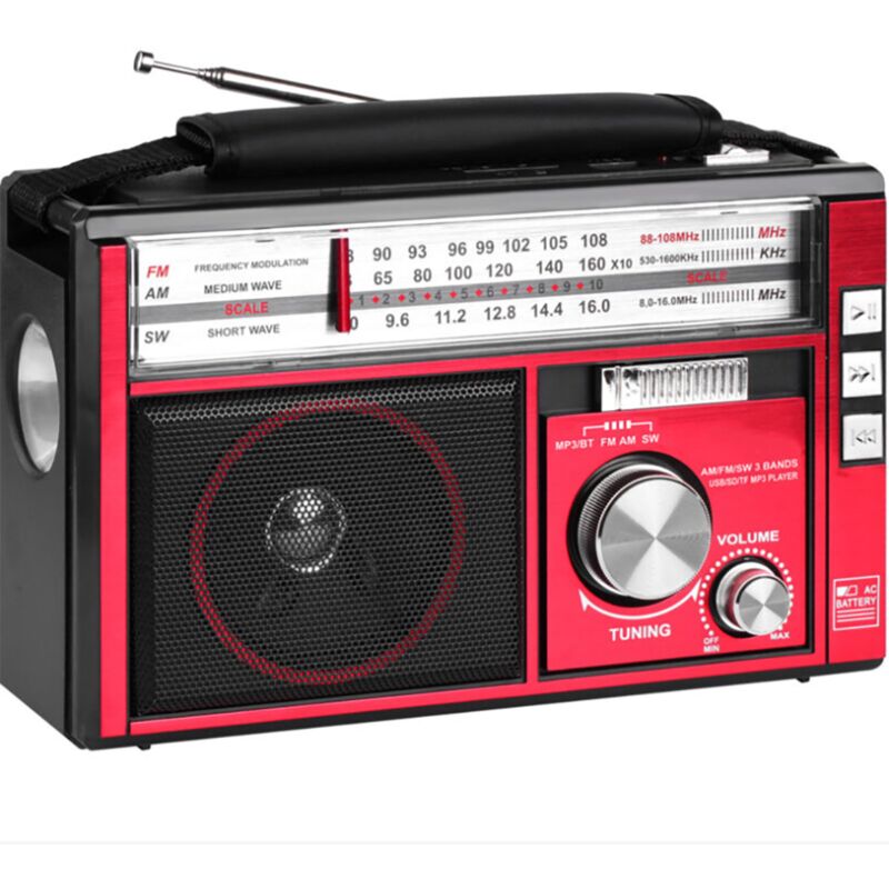 Radio portable rétro multi-bandes: Bluetooth, lecture TF/USB, lampe torche, recharge AC/DC, FM/AM/SW,rouge