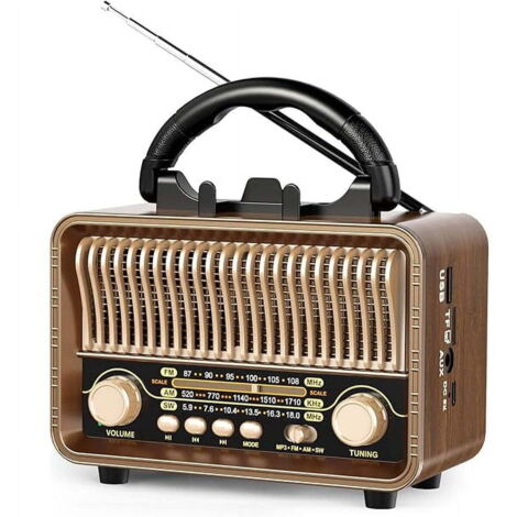 Radio portable rétro vintage AM/FM/ondes courtes, à transistors, alimentée par piles rechargeables, compatible cartes microSD/TF, lecteur USB auxiliaire, haut-parleur intégré