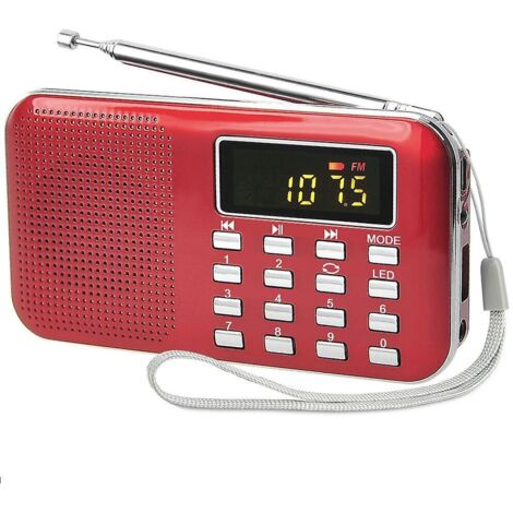 Radio portable rouge FM/AM à piles avec lecteur MP3, haut-parleur, compatibilité carte TF/USB et lampe torche - Idéale pour la survie, la salle de bain, les voyages et les activités de plein air