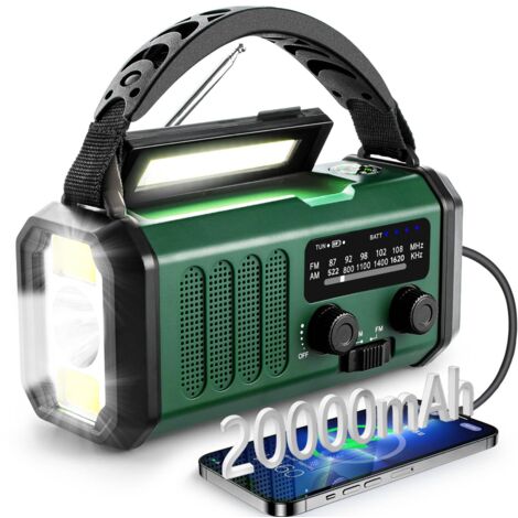 Radio Portable Solaire & Dynamo de Survie 20000mAh Multifonction AM/FM, Chargeur Solaire pour Téléphone Lampe Radio Solaire d'urgence à Manivelle Kit de Survie pour Camping,Randonnée et Urgences